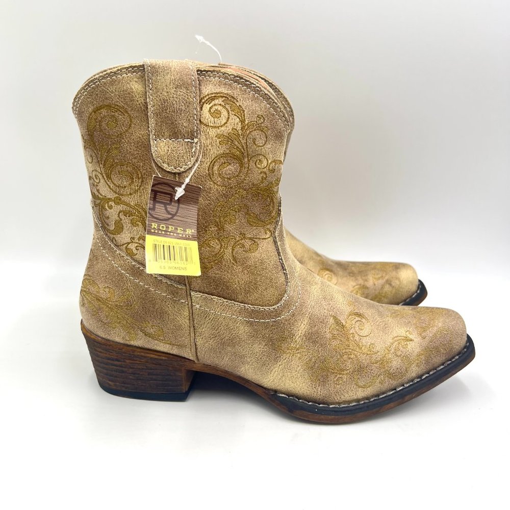 Roper Womens Size 6.5 Short Stuff Faux Vegan Leather Tan‎ Brown Western Boots